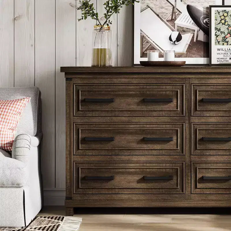 Commode de ferme à 6 tiroirs, commode rustique en bois de 55" avec poignées faciles à tirer