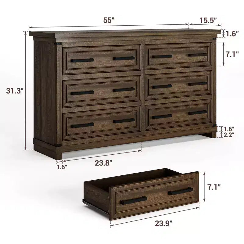 Commode de ferme à 6 tiroirs, commode rustique en bois de 55" avec poignées faciles à tirer