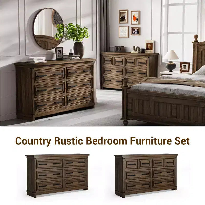 Commode de ferme à 6 tiroirs, commode rustique en bois de 55" avec poignées faciles à tirer