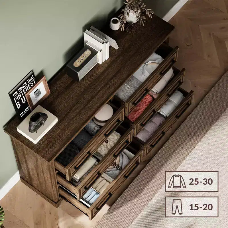 Commode de ferme à 6 tiroirs, commode rustique en bois de 55" avec poignées faciles à tirer