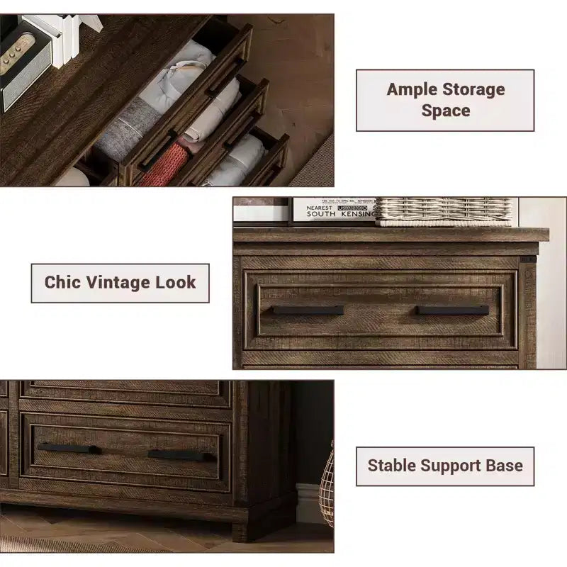 Commode de ferme à 6 tiroirs, commode rustique en bois de 55" avec poignées faciles à tirer