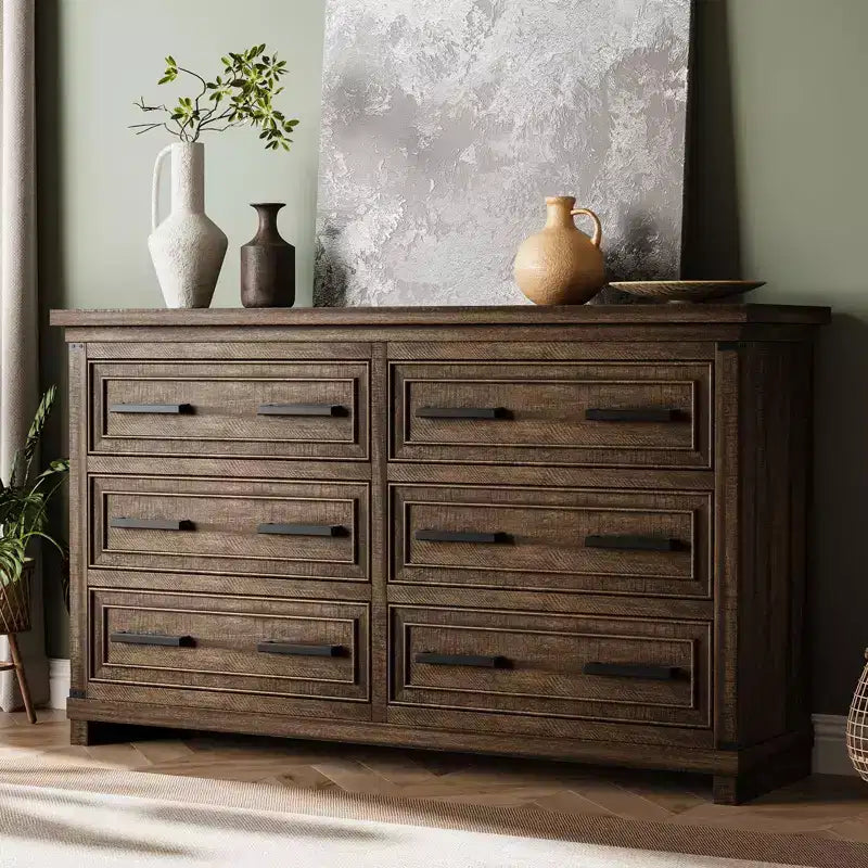 Commode de ferme à 6 tiroirs, commode rustique en bois de 55" avec poignées faciles à tirer