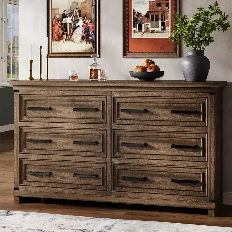 Commode de ferme à 6 tiroirs, commode rustique en bois de 55" avec poignées faciles à tirer