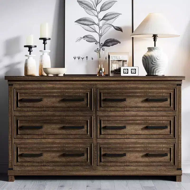 Commode de ferme à 6 tiroirs, commode rustique en bois de 55" avec poignées faciles à tirer