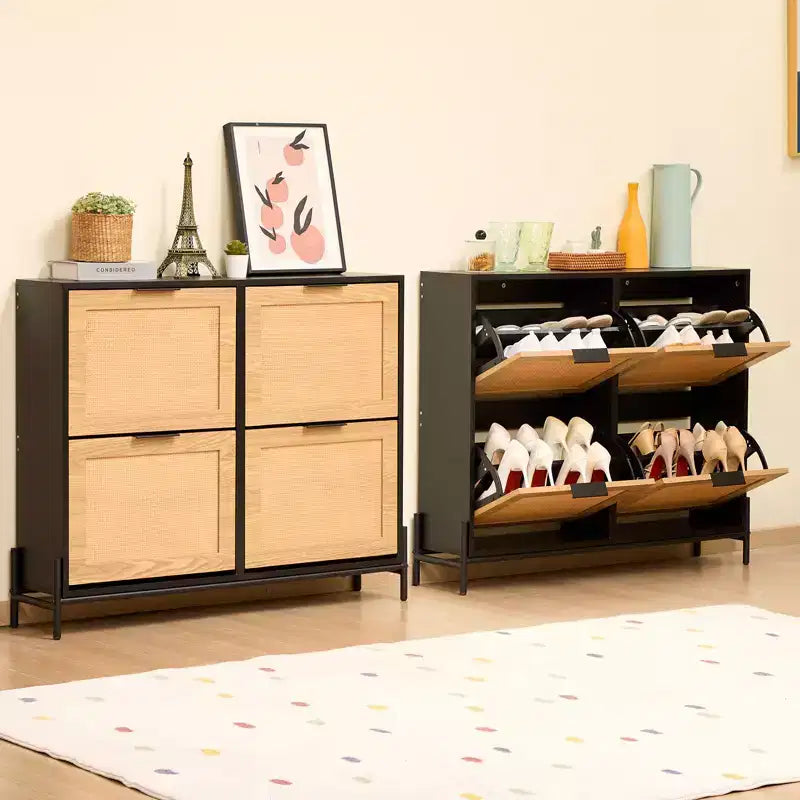 Meuble à chaussures en rotin avec 4 tiroirs basculants, meuble de rangement fin pour entrée, noir