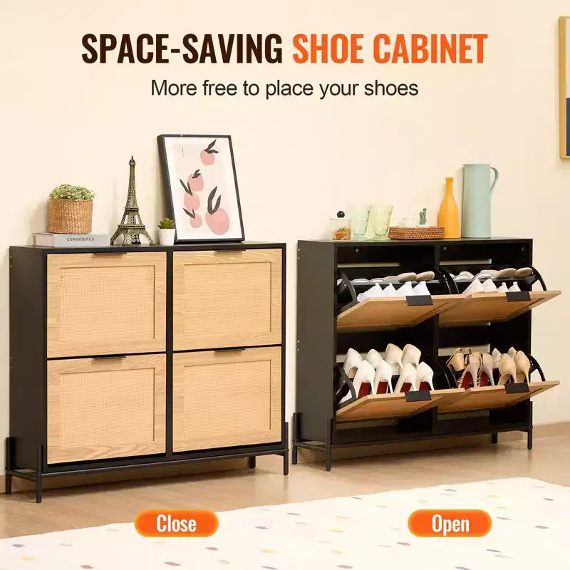 Meuble à chaussures en rotin avec 4 tiroirs basculants, meuble de rangement fin pour entrée, noir