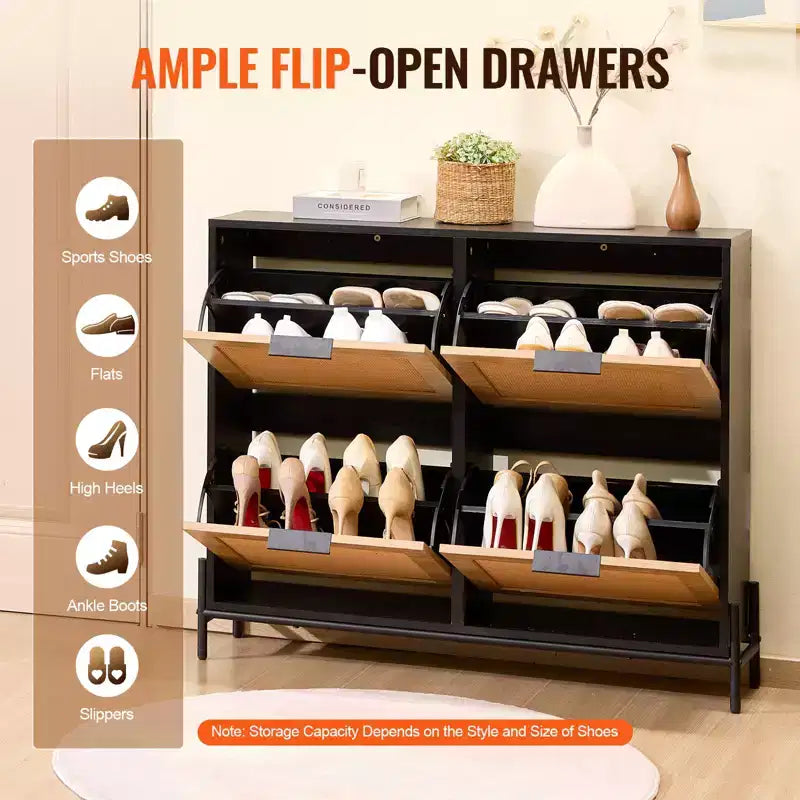 Meuble à chaussures en rotin avec 4 tiroirs basculants, meuble de rangement fin pour entrée, noir