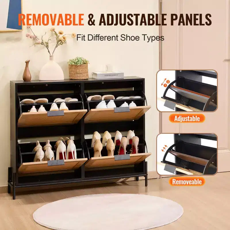 Meuble à chaussures en rotin avec 4 tiroirs basculants, meuble de rangement fin pour entrée, noir