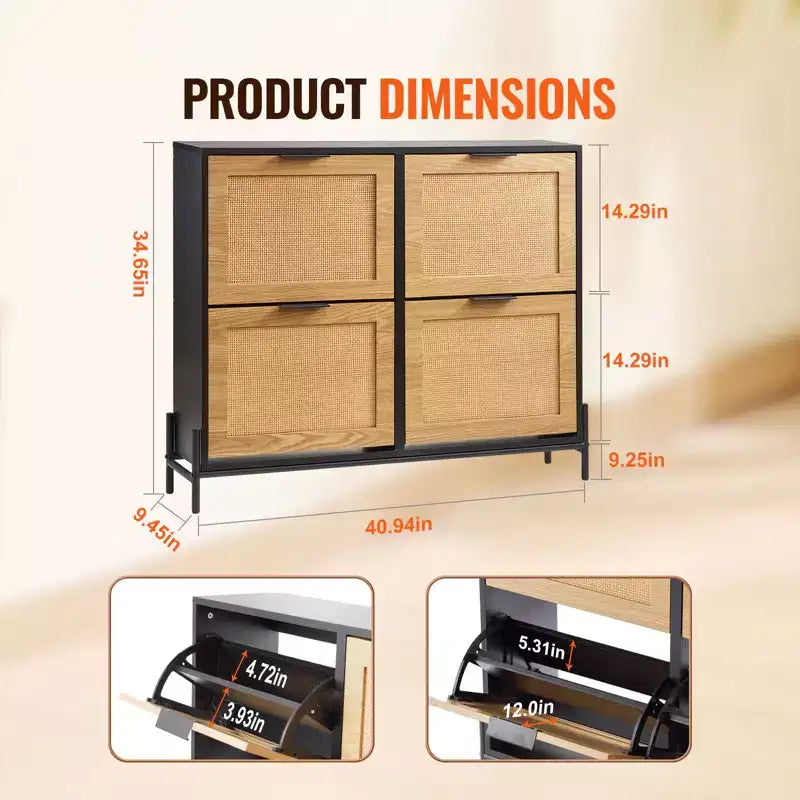 Meuble à chaussures en rotin avec 4 tiroirs basculants, meuble de rangement fin pour entrée, noir