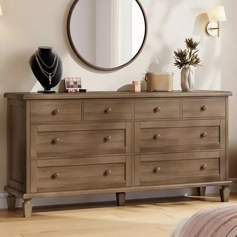 Commode vintage à 8 tiroirs, meuble TV long de 150 cm pour chambre à coucher avec poignées sculptées, pieds en bois fuselés, grande capacité de rangement, commode en bois