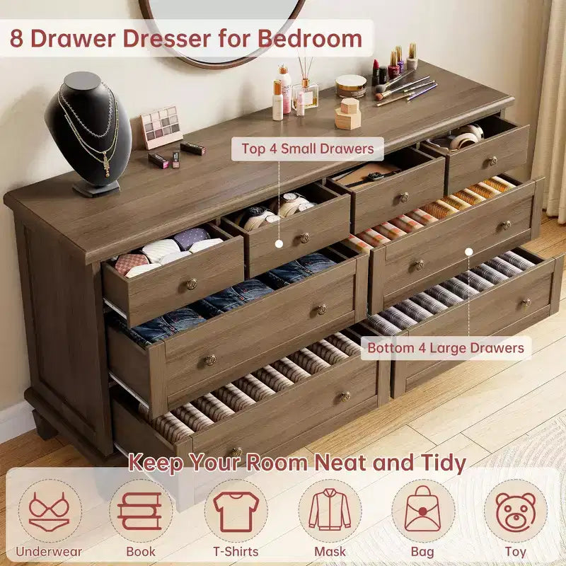 Commode vintage à 8 tiroirs, meuble TV long de 150 cm pour chambre à coucher avec poignées sculptées, pieds en bois fuselés, grande capacité de rangement, commode en bois