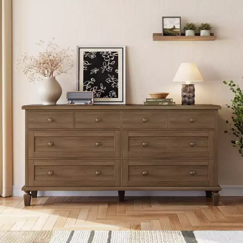 Commode vintage à 8 tiroirs, meuble TV long de 150 cm pour chambre à coucher avec poignées sculptées, pieds en bois fuselés, grande capacité de rangement, commode en bois