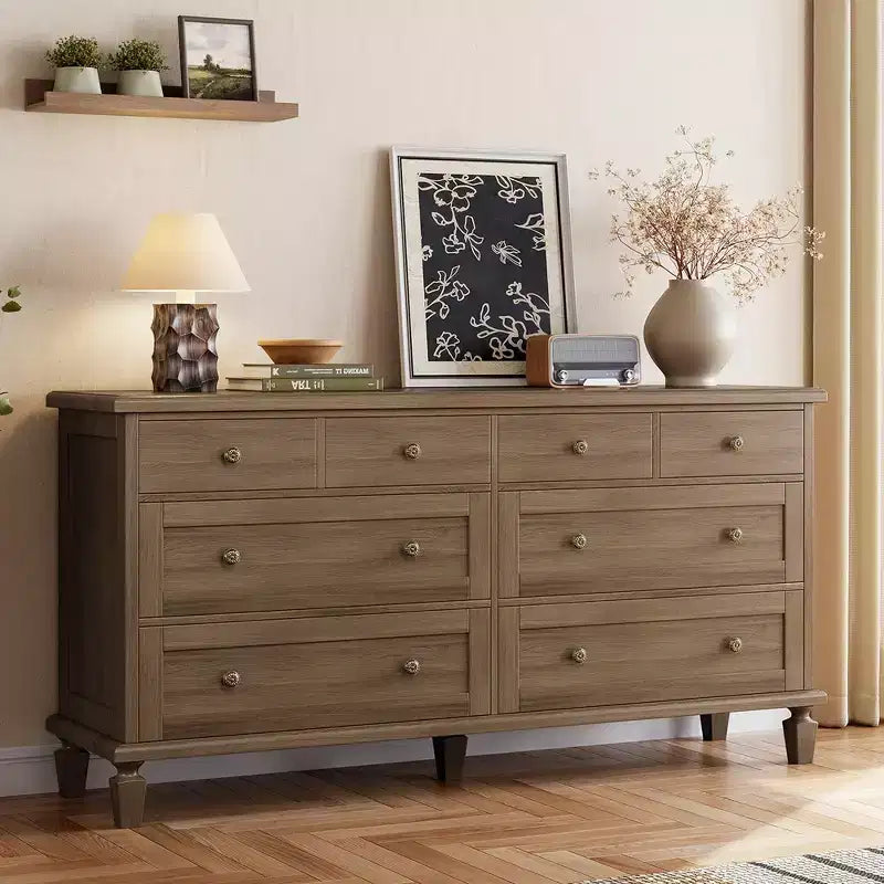 Commode vintage à 8 tiroirs, meuble TV long de 150 cm pour chambre à coucher avec poignées sculptées, pieds en bois fuselés, grande capacité de rangement, commode en bois