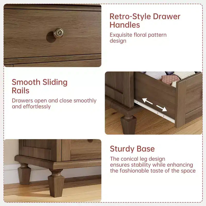 Commode vintage à 8 tiroirs, meuble TV long de 150 cm pour chambre à coucher avec poignées sculptées, pieds en bois fuselés, grande capacité de rangement, commode en bois