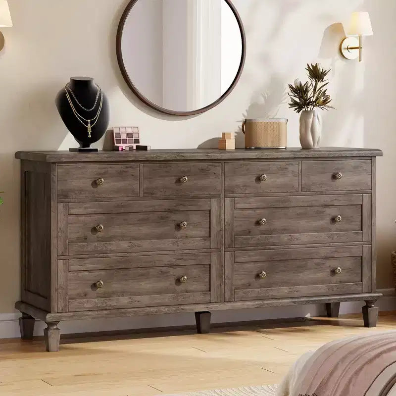 Commode vintage à 8 tiroirs, meuble TV long de 150 cm pour chambre à coucher avec poignées sculptées, pieds en bois fuselés, grande capacité de rangement, commode en bois