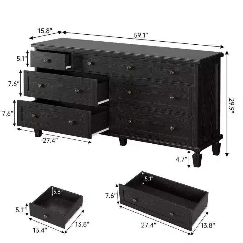 Commode vintage à 8 tiroirs, meuble TV long de 150 cm pour chambre à coucher avec poignées sculptées, pieds en bois fuselés, grande capacité de rangement, commode en bois