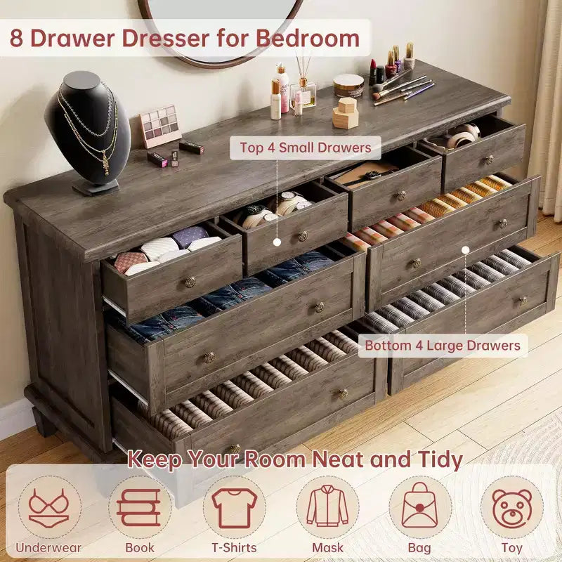 Commode vintage à 8 tiroirs, meuble TV long de 150 cm pour chambre à coucher avec poignées sculptées, pieds en bois fuselés, grande capacité de rangement, commode en bois