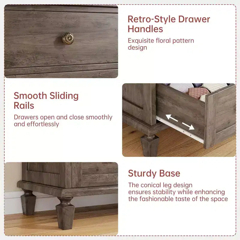 Commode vintage à 8 tiroirs, meuble TV long de 150 cm pour chambre à coucher avec poignées sculptées, pieds en bois fuselés, grande capacité de rangement, commode en bois