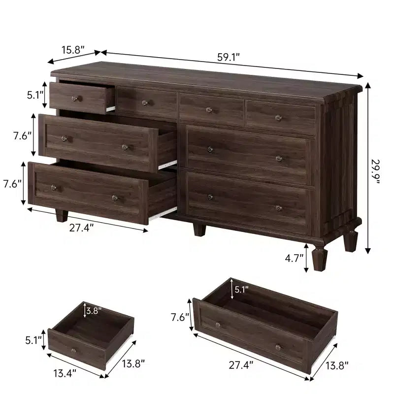 Commode vintage à 8 tiroirs, meuble TV long de 150 cm pour chambre à coucher avec poignées sculptées, pieds en bois fuselés, grande capacité de rangement, commode en bois