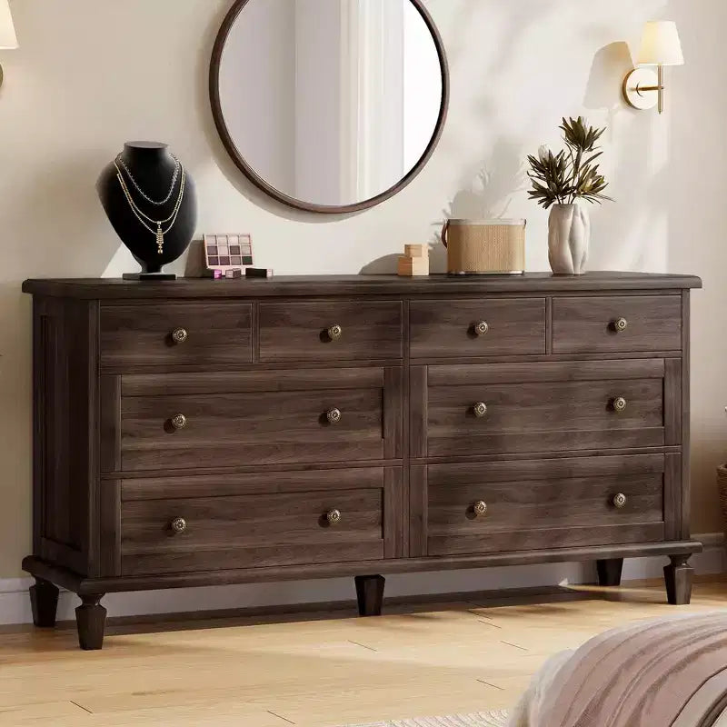 Commode vintage à 8 tiroirs, meuble TV long de 150 cm pour chambre à coucher avec poignées sculptées, pieds en bois fuselés, grande capacité de rangement, commode en bois