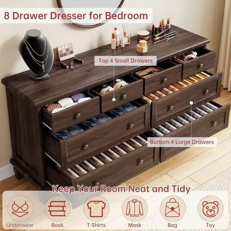 Commode vintage à 8 tiroirs, meuble TV long de 150 cm pour chambre à coucher avec poignées sculptées, pieds en bois fuselés, grande capacité de rangement, commode en bois