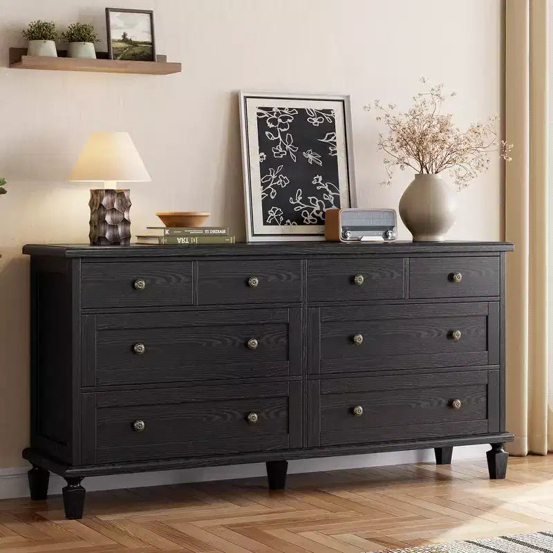 Commode vintage à 8 tiroirs, meuble TV long de 150 cm pour chambre à coucher avec poignées sculptées, pieds en bois fuselés, grande capacité de rangement, commode en bois