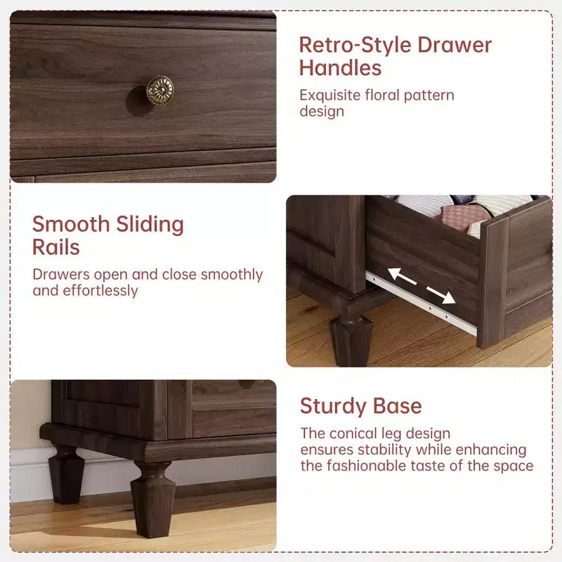 Commode vintage à 8 tiroirs, meuble TV long de 150 cm pour chambre à coucher avec poignées sculptées, pieds en bois fuselés, grande capacité de rangement, commode en bois