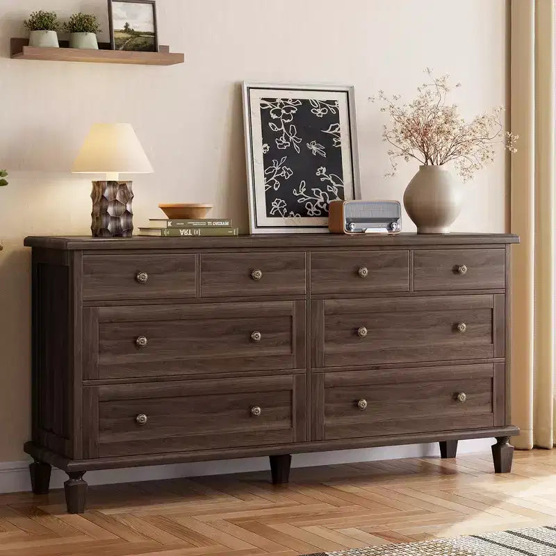 Commode vintage à 8 tiroirs, meuble TV long de 150 cm pour chambre à coucher avec poignées sculptées, pieds en bois fuselés, grande capacité de rangement, commode en bois