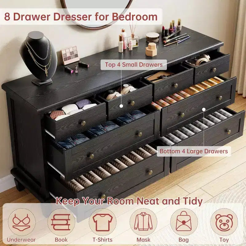 Commode vintage à 8 tiroirs, meuble TV long de 150 cm pour chambre à coucher avec poignées sculptées, pieds en bois fuselés, grande capacité de rangement, commode en bois