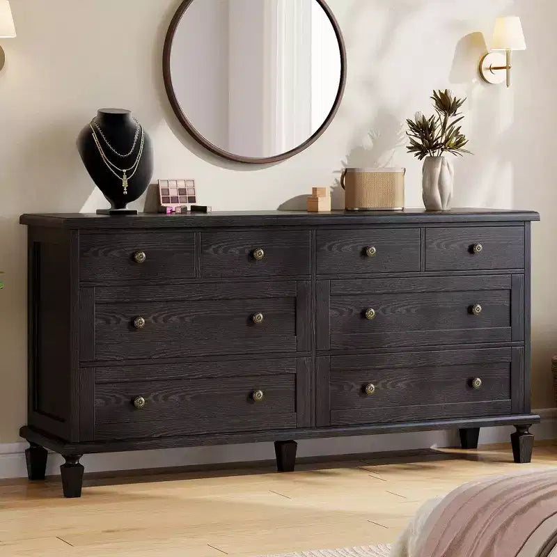 Commode vintage à 8 tiroirs, meuble TV long de 150 cm pour chambre à coucher avec poignées sculptées, pieds en bois fuselés, grande capacité de rangement, commode en bois
