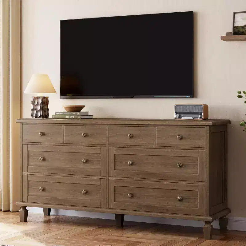Commode vintage à 8 tiroirs, meuble TV long de 150 cm pour chambre à coucher avec poignées sculptées, pieds en bois fuselés, grande capacité de rangement, commode en bois