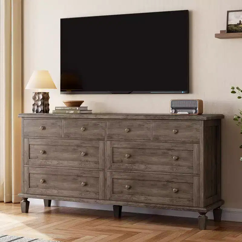 Commode vintage à 8 tiroirs, meuble TV long de 150 cm pour chambre à coucher avec poignées sculptées, pieds en bois fuselés, grande capacité de rangement, commode en bois