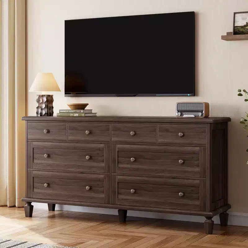 Commode vintage à 8 tiroirs, meuble TV long de 150 cm pour chambre à coucher avec poignées sculptées, pieds en bois fuselés, grande capacité de rangement, commode en bois