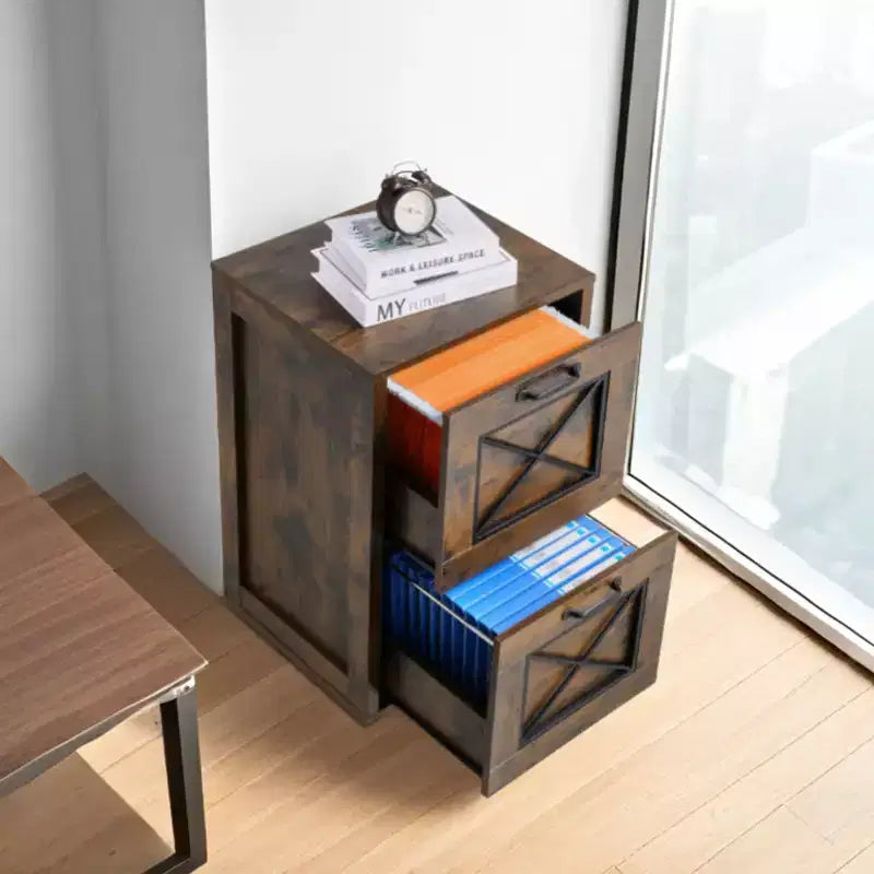 Meuble de classement vertical à 2 tiroirs avec tringle de suspension réglable, Marron
