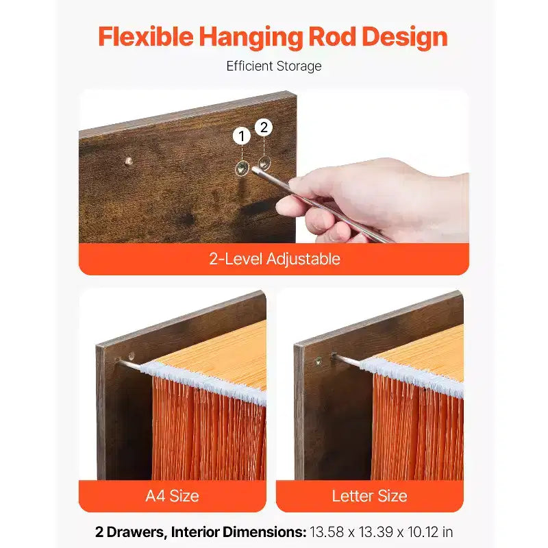 Meuble de classement vertical à 2 tiroirs avec tringle de suspension réglable, Marron