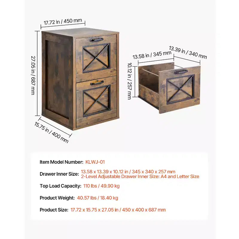 Meuble de classement vertical à 2 tiroirs avec tringle de suspension réglable, Marron