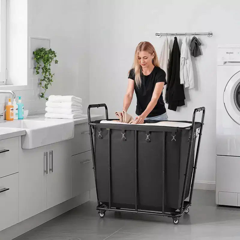 Chariot à linge roulant avec doublure imperméable et roues pivotantes, capacité de 118 kg, noir