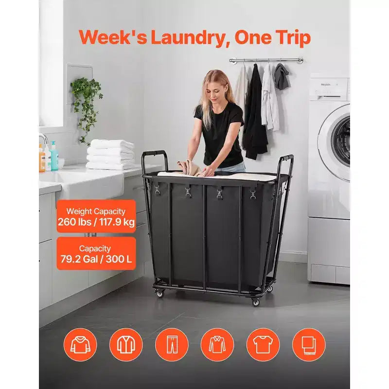 Chariot à linge roulant avec doublure imperméable et roues pivotantes, capacité de 118 kg, noir