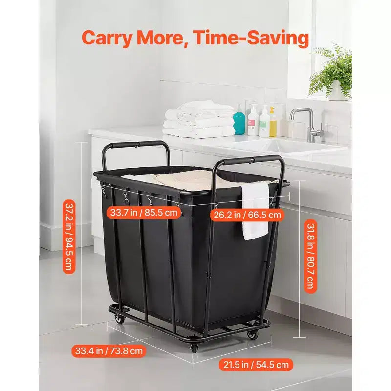 Chariot à linge roulant avec doublure imperméable et roues pivotantes, capacité de 118 kg, noir