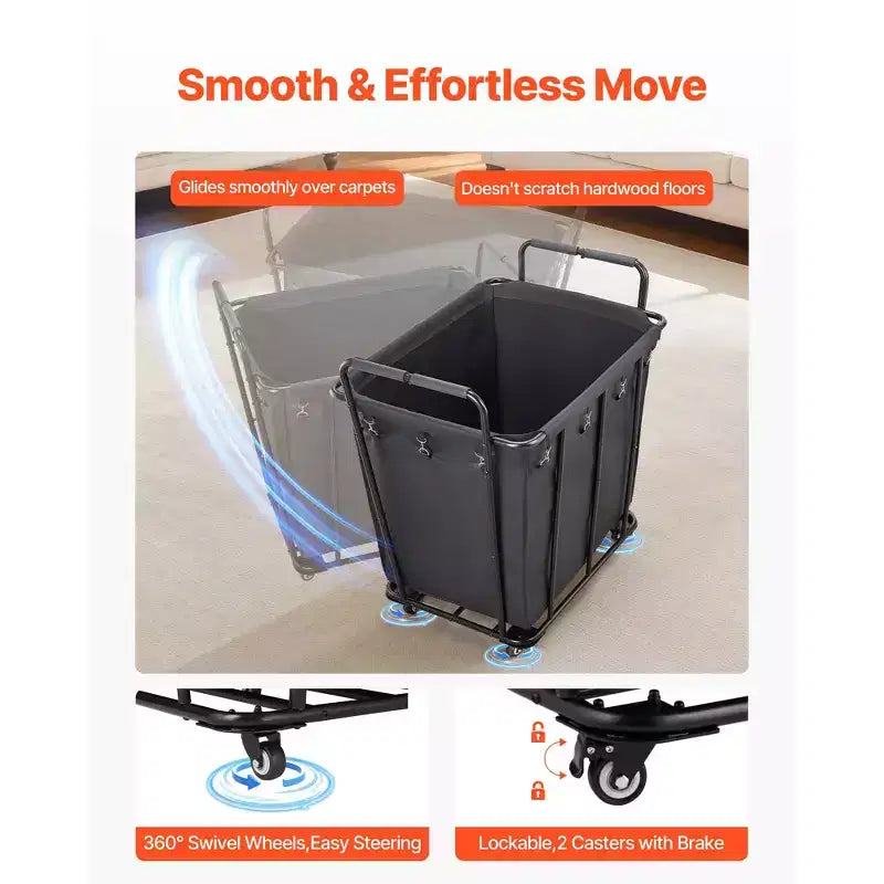 Chariot à linge roulant avec doublure imperméable et roues pivotantes, capacité de 118 kg, noir