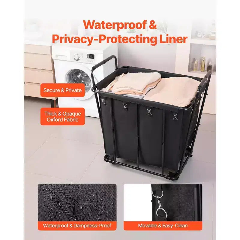 Chariot à linge roulant avec doublure imperméable et roues pivotantes, capacité de 118 kg, noir