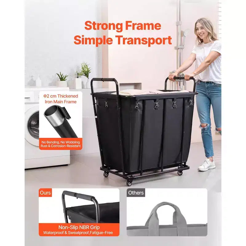 Chariot à linge roulant avec doublure imperméable et roues pivotantes, capacité de 118 kg, noir