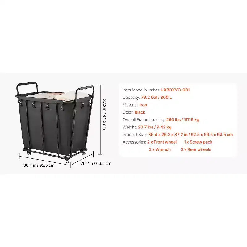 Chariot à linge roulant avec doublure imperméable et roues pivotantes, capacité de 118 kg, noir