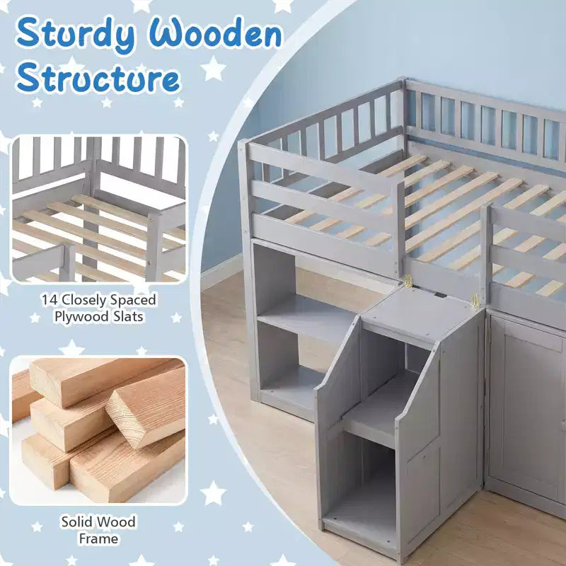 Lit bas mezzanine avec lumière LED, escaliers et barrières de sécurité, lit double pour enfants