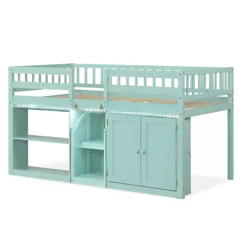 Lit bas mezzanine avec lumière LED, escaliers et barrières de sécurité, lit double pour enfants