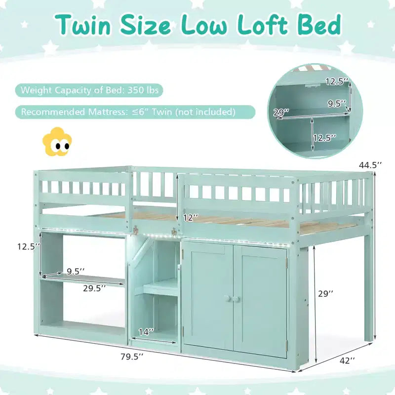 Lit bas mezzanine avec lumière LED, escaliers et barrières de sécurité, lit double pour enfants