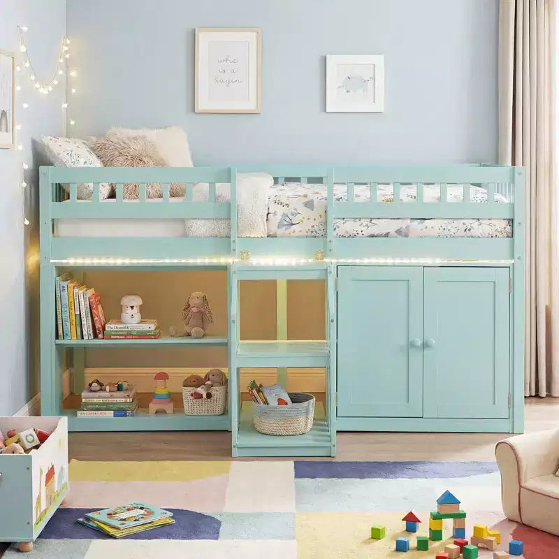 Lit bas mezzanine avec lumière LED, escaliers et barrières de sécurité, lit double pour enfants