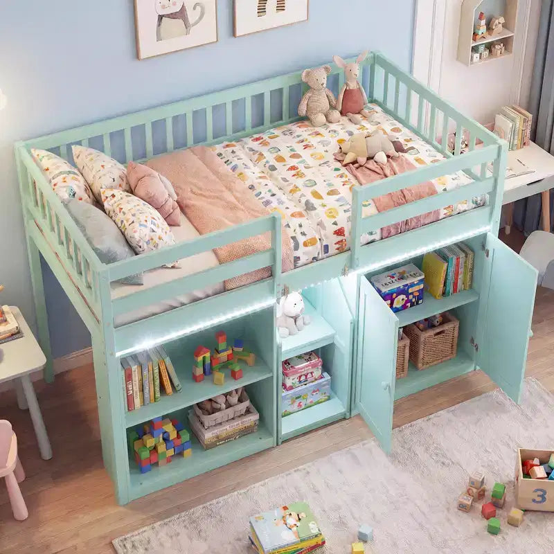 Lit bas mezzanine avec lumière LED, escaliers et barrières de sécurité, lit double pour enfants