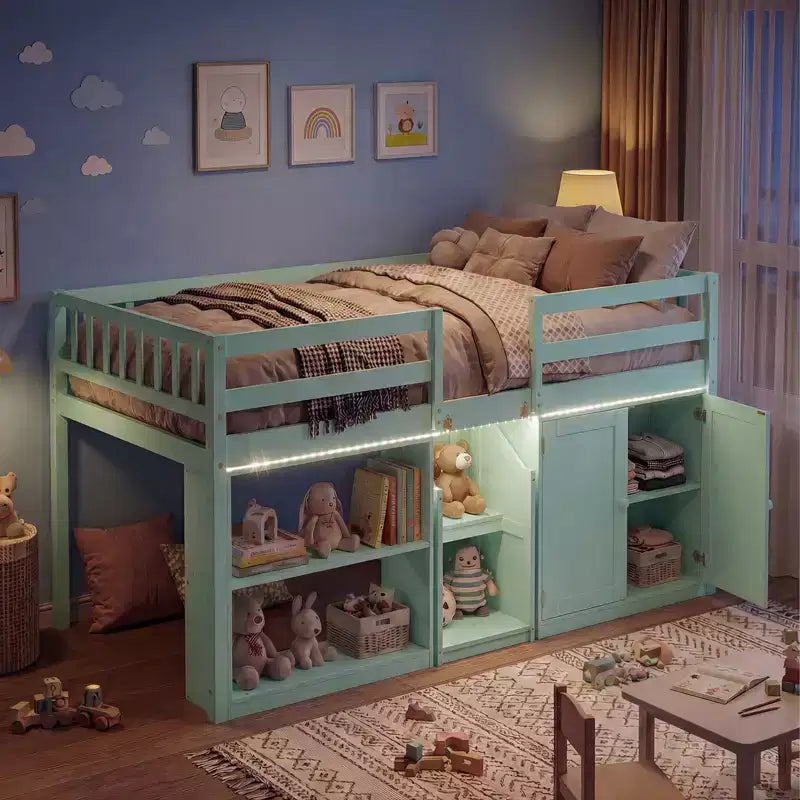 Lit bas mezzanine avec lumière LED, escaliers et barrières de sécurité, lit double pour enfants
