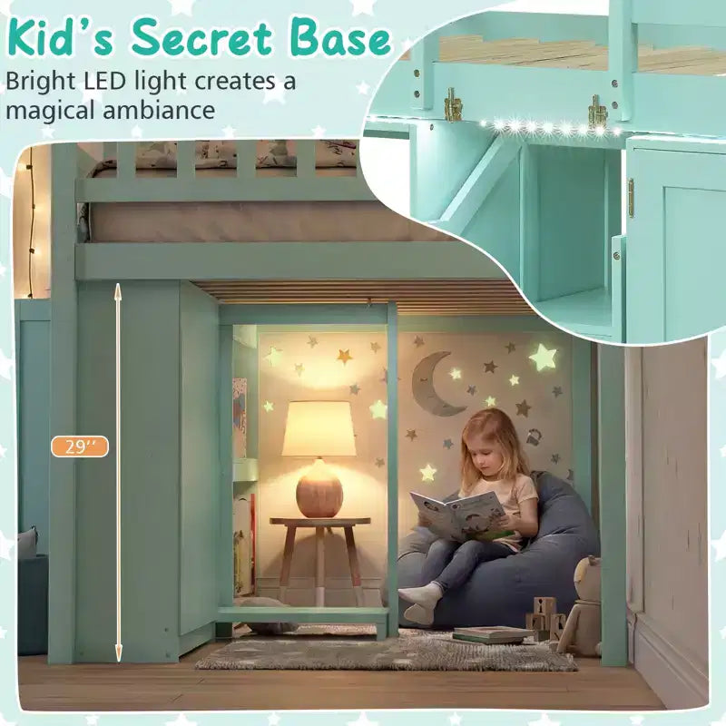 Lit bas mezzanine avec lumière LED, escaliers et barrières de sécurité, lit double pour enfants